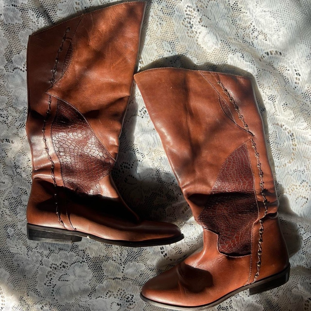 Vintage genuine leather brown boots, leather knee high boots, boho boots